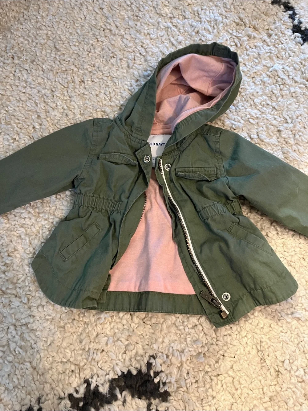 Old Navy Olive Green Hooded trench Jacket with Pink Lining 3-6 month